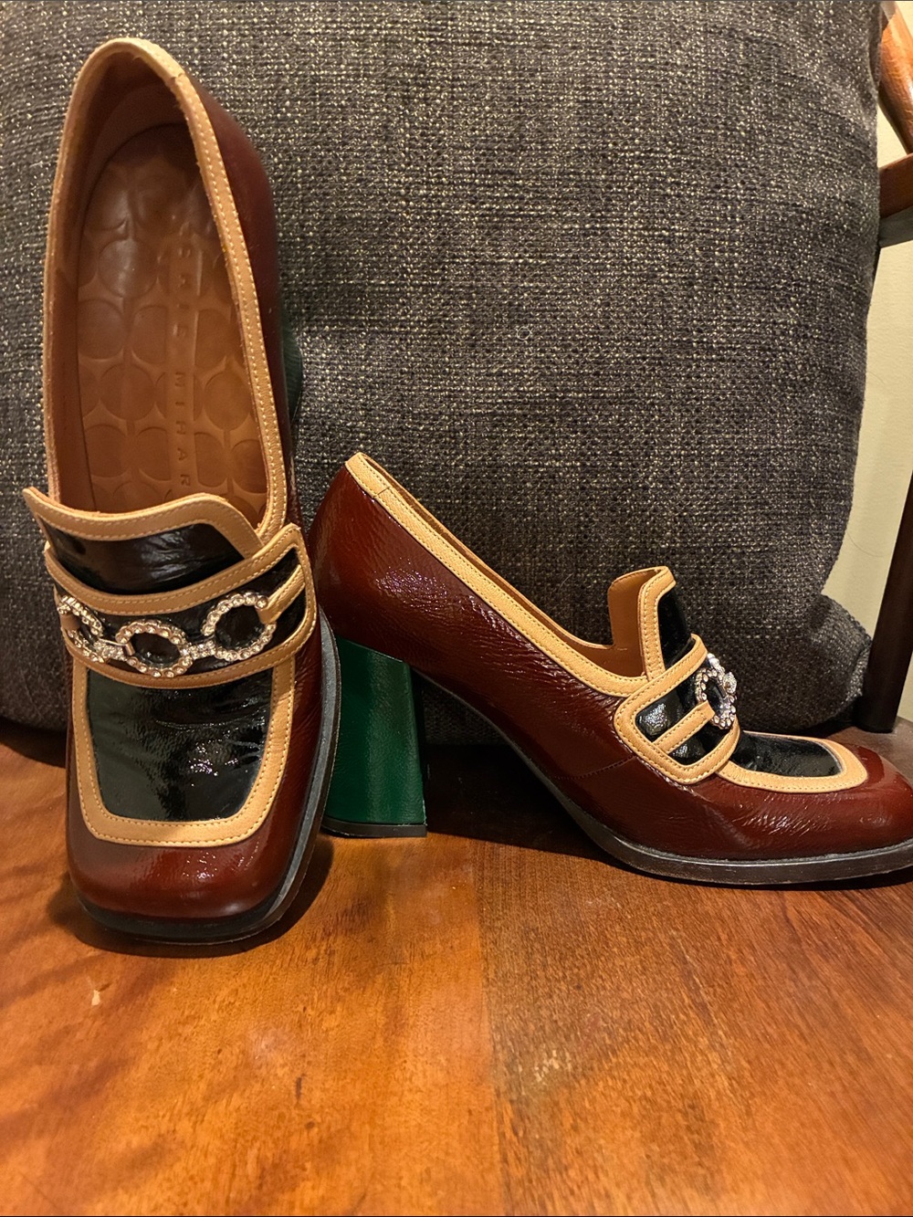 Chie Mihara Brown, Black and Cream Block Heel Loafers with Chain Detail